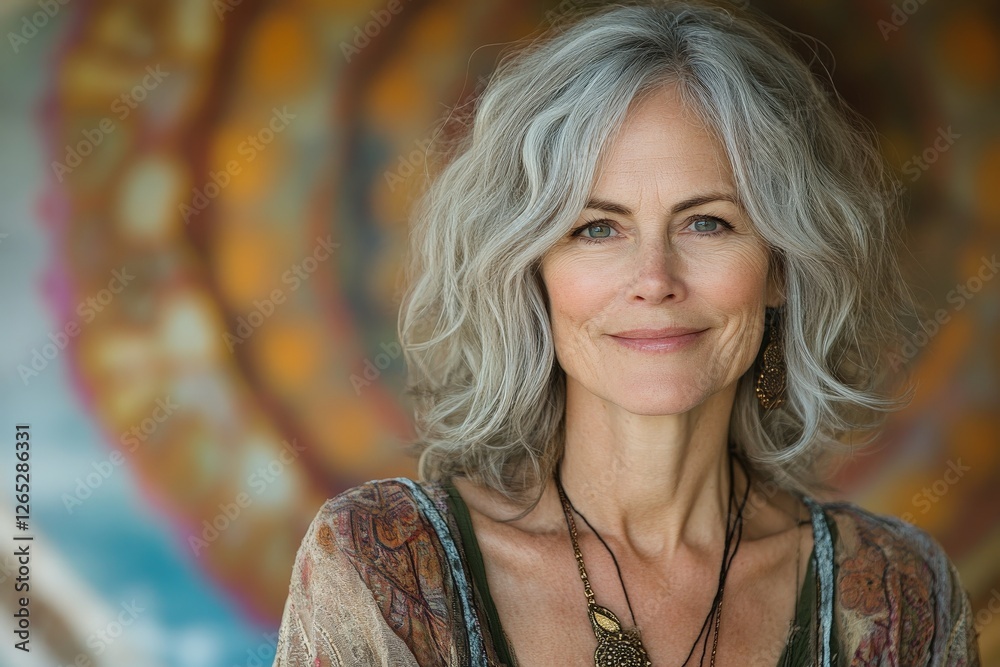 Obraz premium Mature woman with silver hair poses confidently in front of vibrant mural in urban setting during daylight