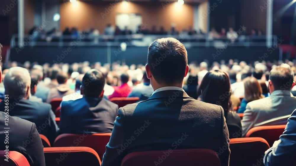 Audience attending a formal event in a conference hall. Businessman in suit seated among a large crowd. Professional gathering, seminar, or corporate presentation with engaged participants Audience attending a formal event in a conference hall. Businessman in suit seated among a large crowd. Professional gathering, seminar, or corporate presentation with engaged participants