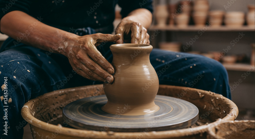 Potter Shaping Clay on Wheel, Pottery Making Potter Shaping Clay on Wheel, Pottery Making
