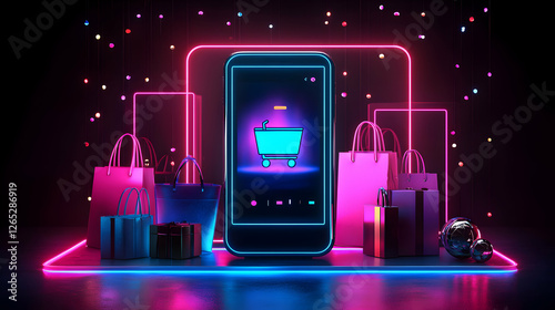 E-commerce shopping experience digital environment mobile display neon lights interactive concept