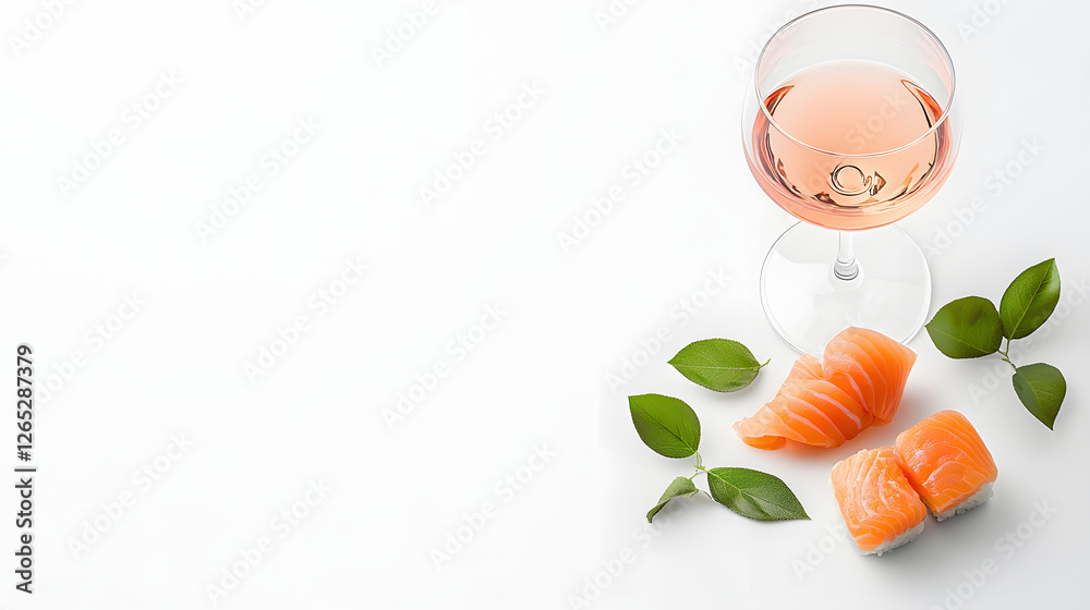crisp glass of rose wine paired with fresh sushi and green leaves creates delightful dining experience. vibrant colors and elegant presentation evoke sense of sophistication and enjoyment crisp glass of rose wine paired with fresh sushi and green leaves creates delightful dining experience. vibrant colors and elegant presentation evoke sense of sophistication and enjoyment