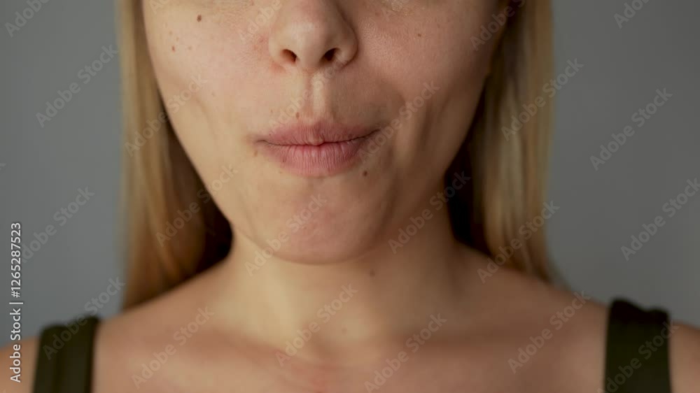 Close up of a young blonde caucasian woman taking a green pill. The girl taking medications on a dark grey background. Treatment of the disease. Spirulina and Chlorella vitamins, dietary supplements Close up of a young blonde caucasian woman taking a green pill. The girl taking medications on a dark grey background. Treatment of the disease. Spirulina and Chlorella vitamins, dietary supplements