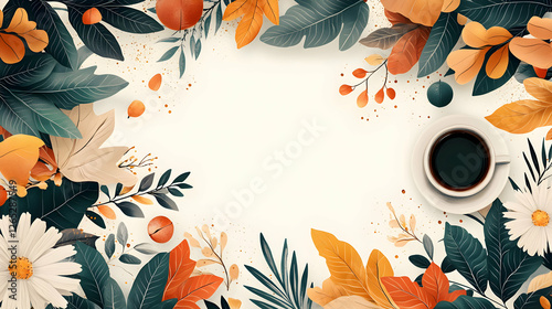 Autumn leaves and coffee cozy home setting digital illustration warm atmosphere top view seasonal serenity