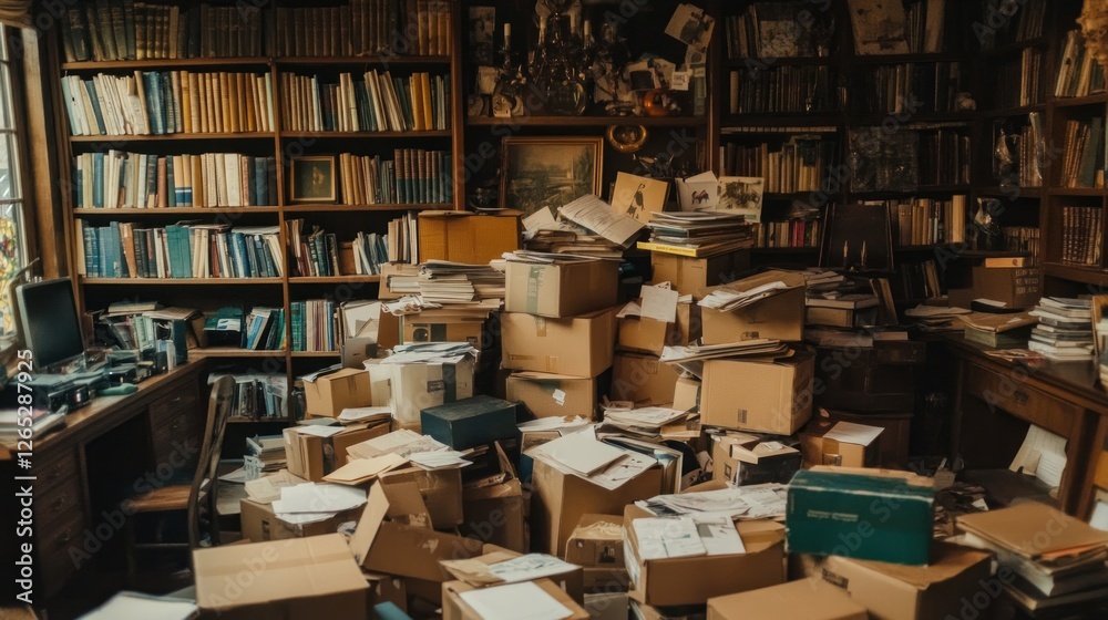 Obraz premium Librarian's cluttered study, archive boxes, bookshelves