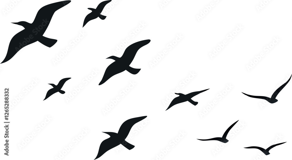 Minimalistic Black Silhouette of Multiple Birds Flying in a Coordinated Formation Symbolizing Freedom, Peace, and Unity – Elegant and Aesthetic Vector Illustration Perfect for Nature, Wildlife, and En Minimalistic Black Silhouette of Multiple Birds Flying in a Coordinated Formation Symbolizing Freedom, Peace, and Unity – Elegant and Aesthetic Vector Illustration Perfect for Nature, Wildlife, and En