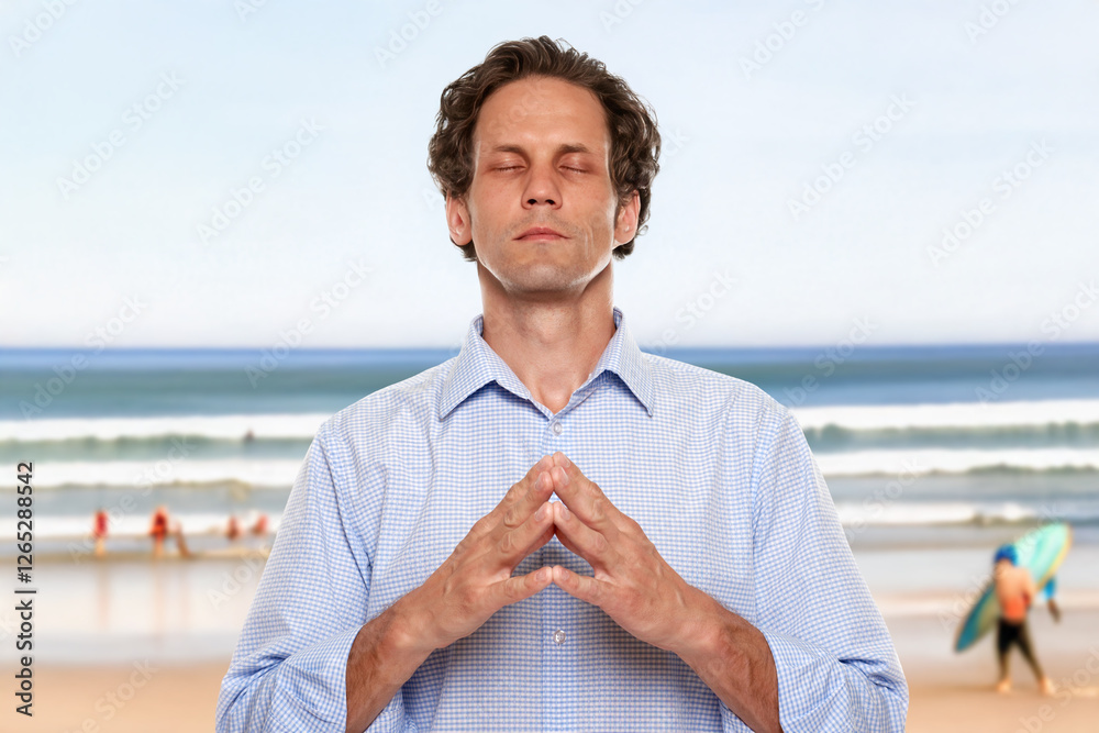 Fototapeta premium Concentrated minded young man making wish waiting for tropical vacation, Office worker looking at a surfboard, dreaming of an ocean getaway from daily work