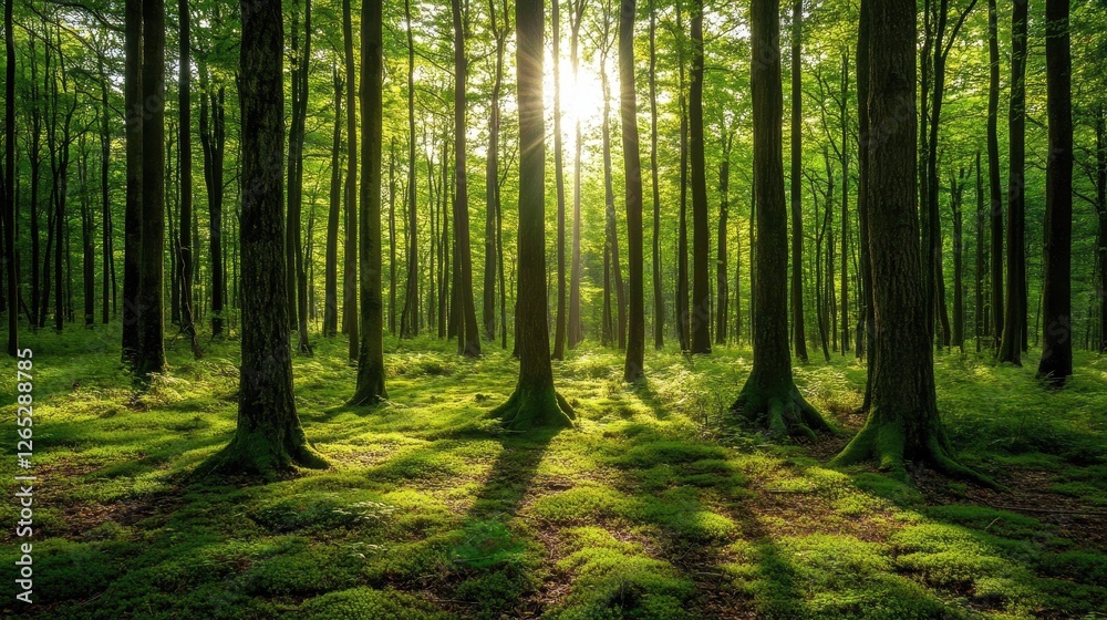 Fototapeta premium Sunlit forest with moss-covered ground, tall trees. Perfect for nature, tranquility, and environmental themes.
