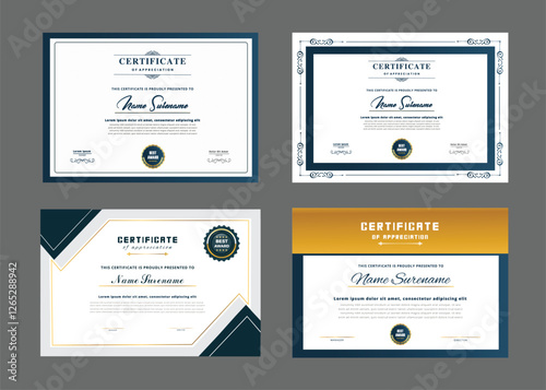 Certificate template set. Collection of modern and luxury diplomas with badge vector illustration
