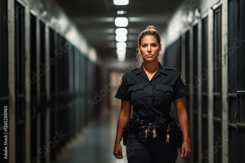 Female prison guard walks through a long corridor in a correctional facility with a stern demeanor