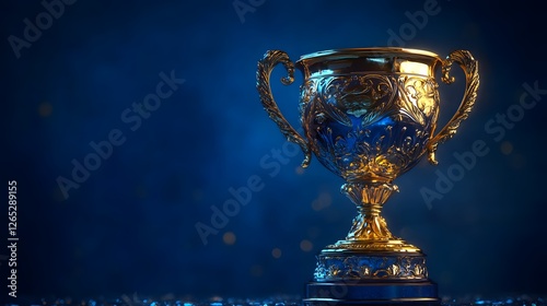golden trophy cup on blue background, champion award for sports victory, competition prize for success, gold cup in spotlight for celebration, shiny trophy for winner achievement