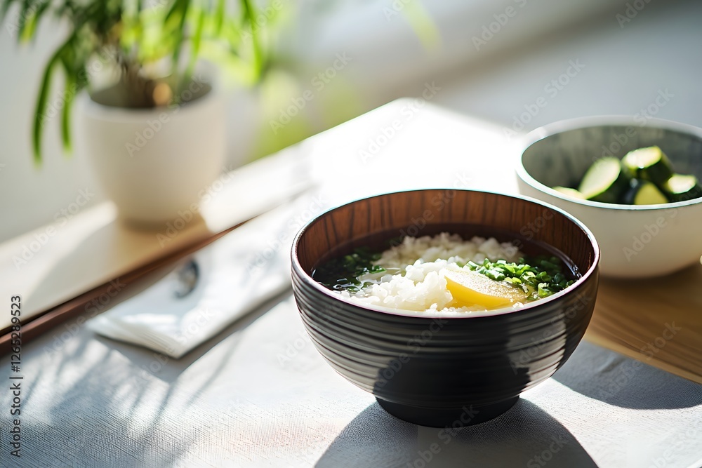 Japanese breakfast with miso soup rice and pickles served in a wooden bowl. Japanese breakfast with miso soup rice and pickles served in a wooden bowl.