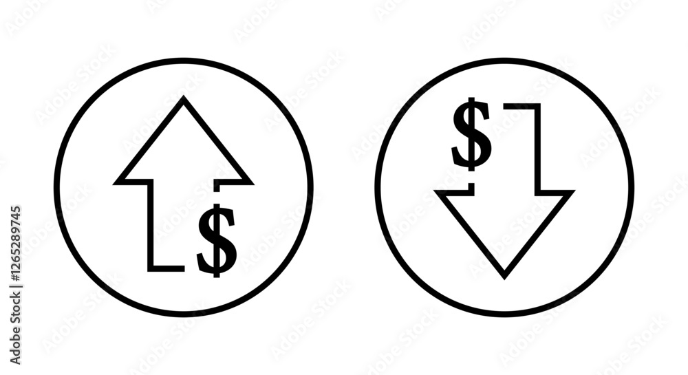 Increase and decrease dollar arrow icon on circle line. USD up and down sign symbol Increase and decrease dollar arrow icon on circle line. USD up and down sign symbol