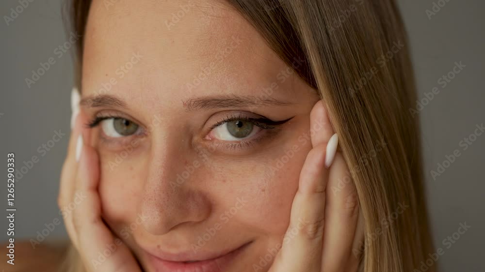 Close-up of a smiling young caucasian blonde woman showing arrows on the eyelids on a dark grey background. A girl with a makeup Close-up of a smiling young caucasian blonde woman showing arrows on the eyelids on a dark grey background. A girl with a makeup