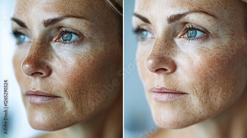A remarkable skincare transformation showing before and after effects of facial treatments. The skin appears more radiant, smooth, and youthful, highlighting the benefits of skincare and rejuvenation