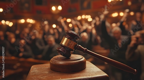 fast-paced auction event with gavel close up and bidders raising paddles in background
