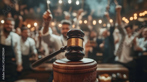 intense auction moment with wooden gavel hitting block and crowd of bidders competing for bids
