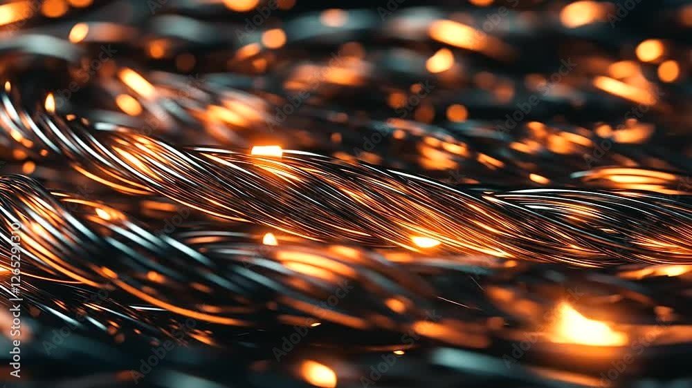 A hyper-detailed shot of twisted copper strands, freshly cut from a multi-core cable, their bright metallic texture contrasting with the dark rubber insulation.