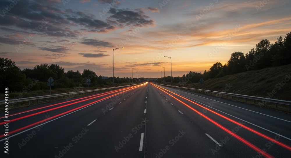 Highway Traffic at Sunset with Car Light Trails and Colorful Sky Highway Traffic at Sunset with Car Light Trails and Colorful Sky
