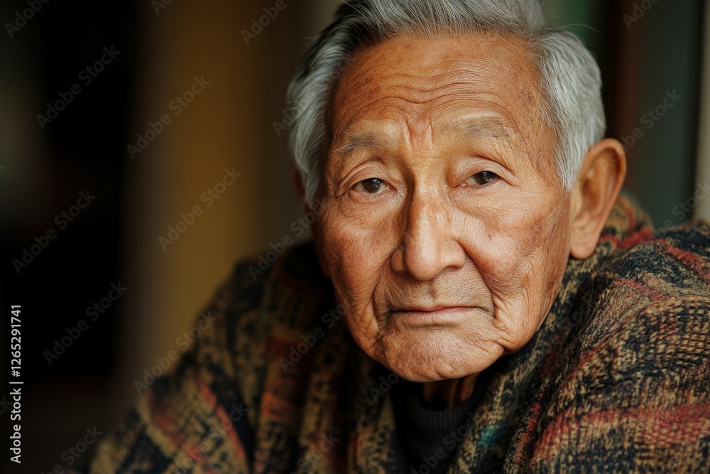 Elderly man with gray hair and thoughtful expression wearing a colorful sweater indoors Elderly man with gray hair and thoughtful expression wearing a colorful sweater indoors