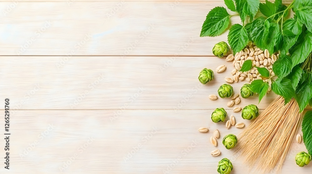 Fresh Green Hops, Barley, and Leaves on Light Rustic Wooden Surface Fresh Green Hops, Barley, and Leaves on Light Rustic Wooden Surface