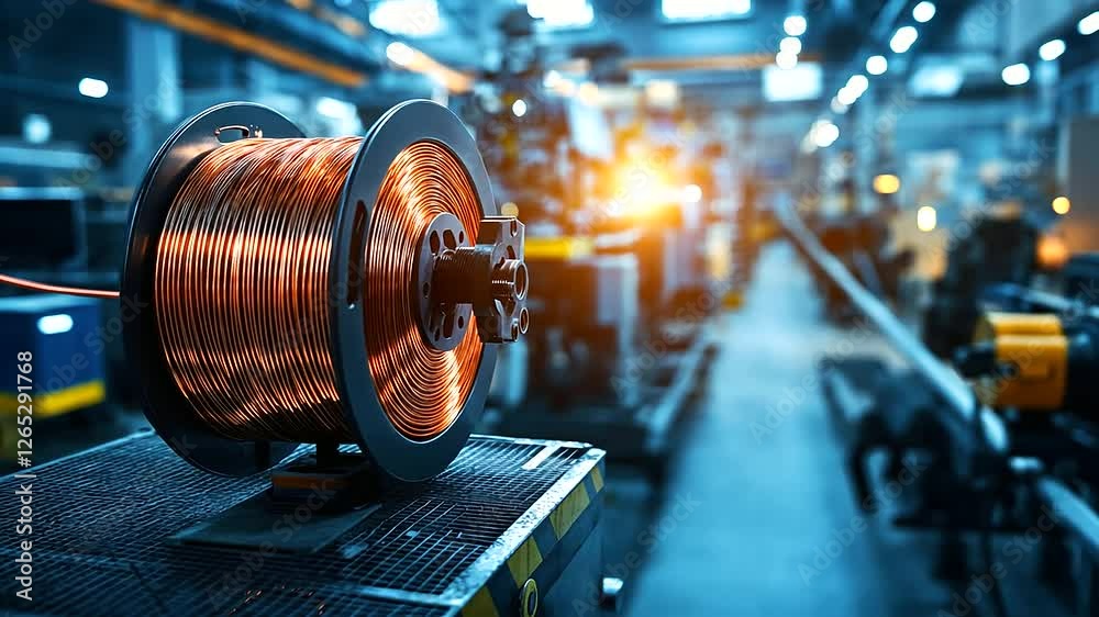 A large spool of industrial-grade multi-core copper cable, resting on a steel platform in a busy electrotechnical factory, glowing under ambient factory lighting.