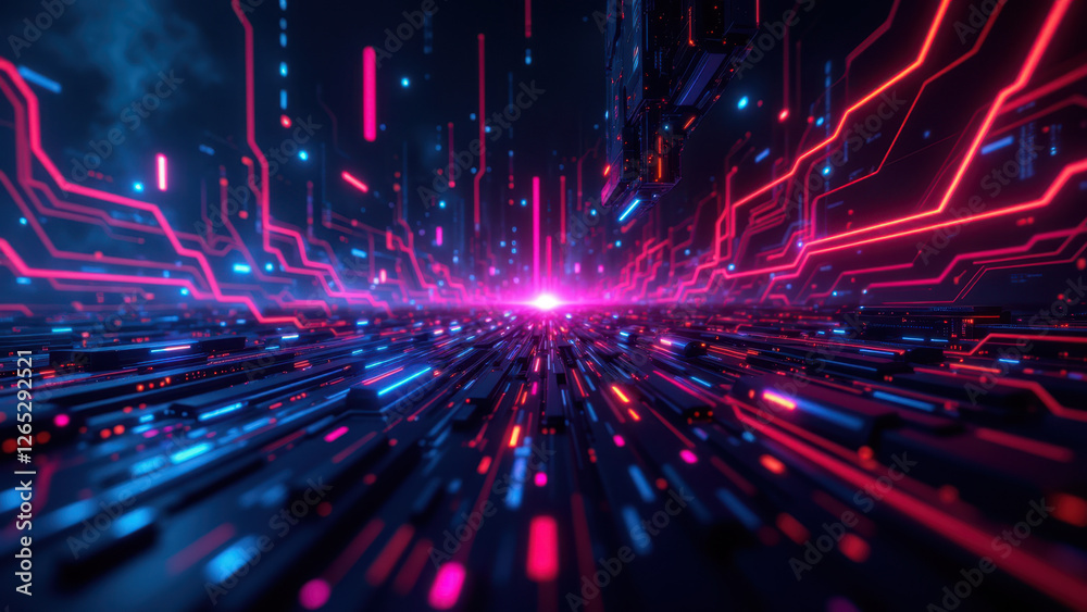Naklejka premium A dynamic digital artwork representing a complex software architecture with vibrant neon lights and abstract shapes, conveying concepts related to ci/cd, Docker, Kubernetes, and DevOps.