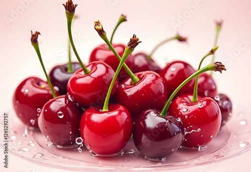 large ripe red sweet cherries in a dish of stainless steel, close-up, macro
