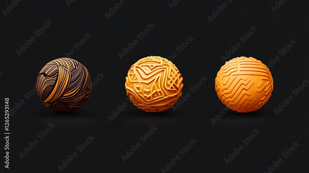 Fototapeta premium Three Intricate 3D Rendered Spheres on Dark Background AI Generated