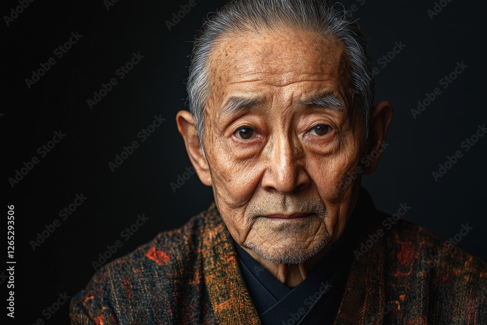 Elderly man in traditional attire with expressive features posing against a dark background Elderly man in traditional attire with expressive features posing against a dark background