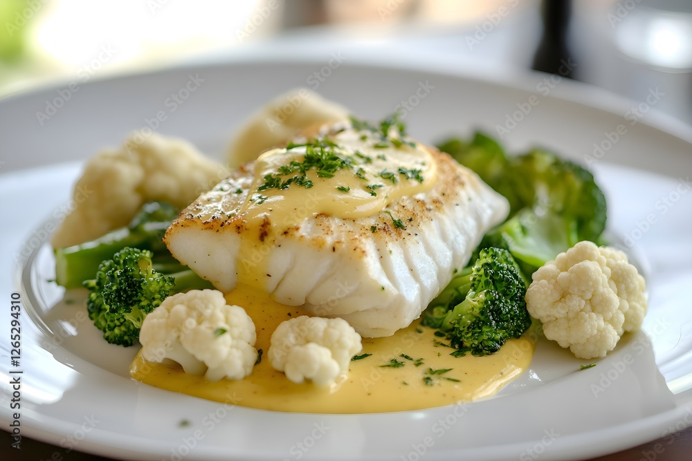 Homemade meal with steamed vegetables, white fish, and hollandaise sauce; healthy food Homemade meal with steamed vegetables, white fish, and hollandaise sauce; healthy food
