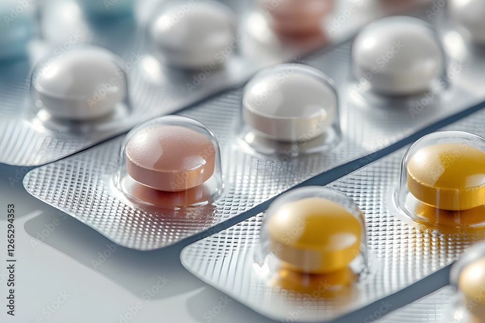 Close-up of colorful tablets and pills, reflecting innovation in the world of medical science Close-up of colorful tablets and pills, reflecting innovation in the world of medical science
