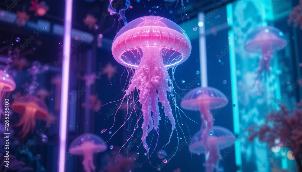 Naklejka premium Neon pink jellyfish in futuristic aquarium with glowing lights