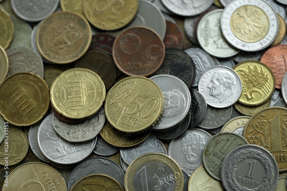 Big pile of different coins from various currencies and different countries around the world. Currency exchange Big pile of different coins from various currencies and different countries around the world. Currency exchange