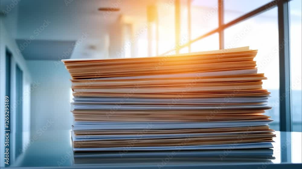 A stack of papers on a reflective surface with large windows in the background, letting in bright sunlight.