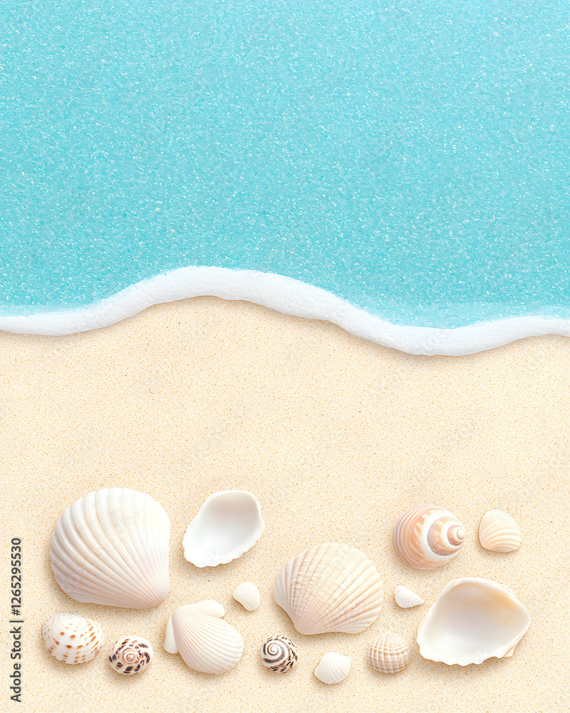 serene beach scene featuring soft sand, gentle waves, and various seashells. tranquil blue water meets shore, creating peaceful coastal atmosphere serene beach scene featuring soft sand, gentle waves, and various seashells. tranquil blue water meets shore, creating peaceful coastal atmosphere