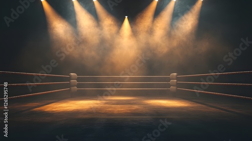 stock image of an empty boxing ring in a dramatic setting with spotlights highlighting the space for sports marketing and visuals



