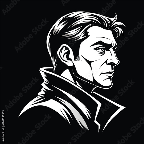 Black and White Cameo Silhouette of a Handsome Man.  Stylized Male Portrait in High-Contrast Vector Art. Graphic Ink Style Illustration of a Suave Male Face Character. 