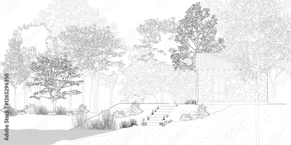 Architectural Drawings, Minimal style cad tree line drawing, Side view, set of section forest outline for landscape design drawing. Vector illustration