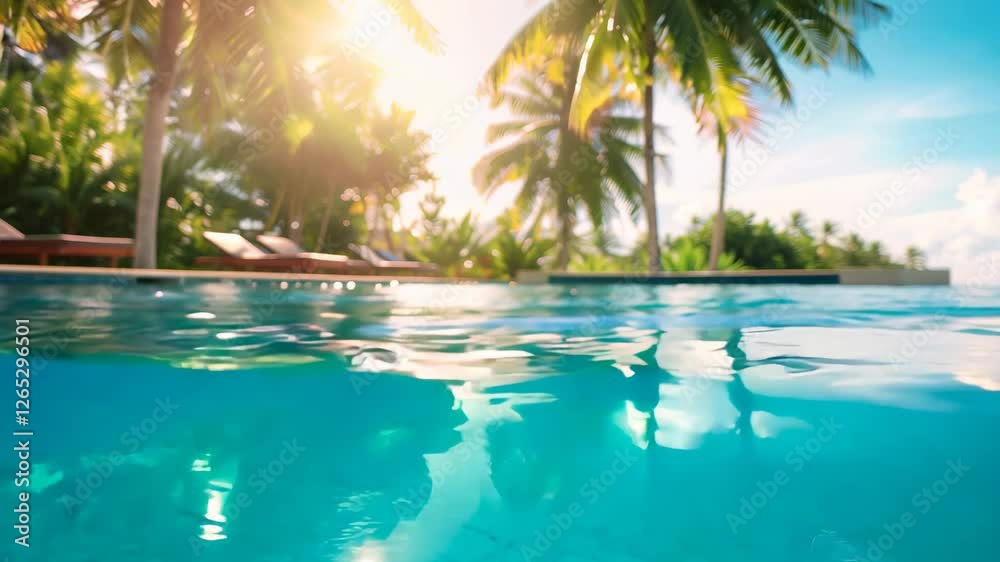 A tranquil pool with crystal-clear water, surrounded by palm trees. The sun is shining brightly, creating a warm, serene atmosphere. The pool reflects the peaceful tropical environment
