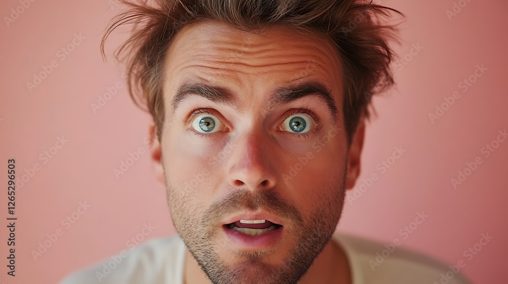 Fototapeta premium download stock photo of man in orange sweater with hands covering face expressing surprise and amazement on a white background emotional reaction