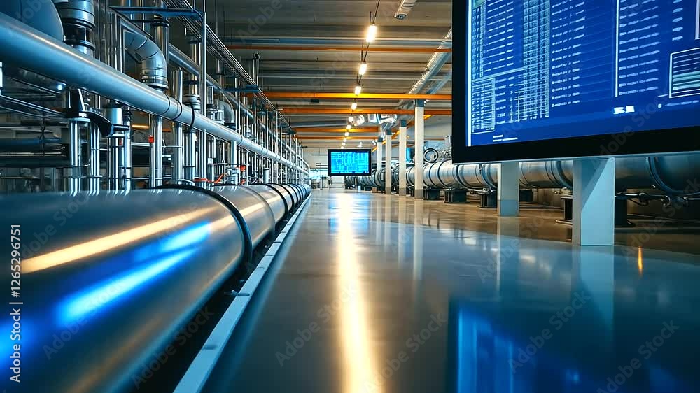 A modern infrastructure control room, overlooking a network of blue industrial pipes, digital monitors displaying real-time data on energy and water flow management. A modern infrastructure control room, overlooking a network of blue industrial pipes, digital monitors displaying real-time data on energy and water flow management.