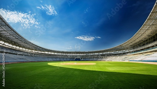 empty cricket stadium under a bright blue sky the pitch is visible with stands largely unoccupied a tranquil scene
