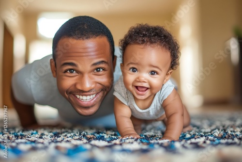 Happy father and baby crawling and smiling at home