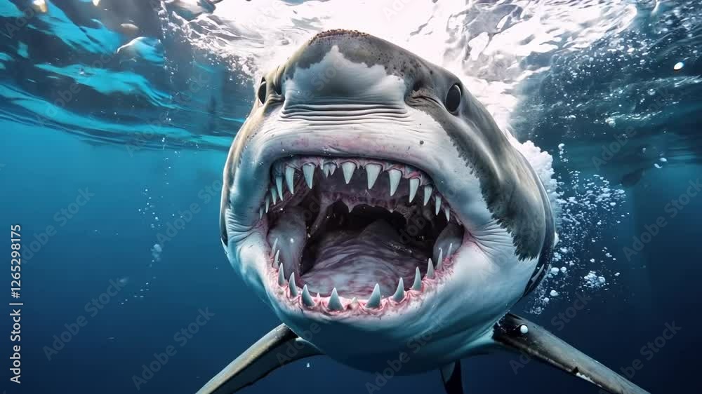 A close-up underwater shot of a great white shark with its mouth wide ...