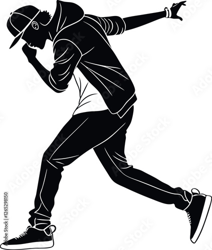 Minimalistic black silhouette of a confident hip hop dancer performing an energetic freestyle movement, showcasing the dynamic flow of dance with style and rhythm, perfect for any dance-related design