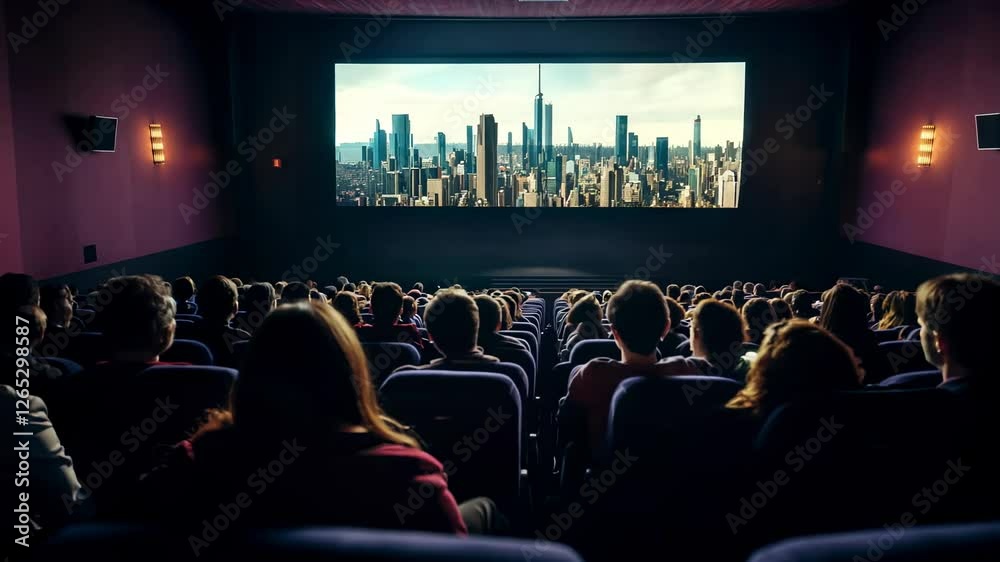 A large crowd of people watching a movie in a cinema, with a big screen showing a city skyline. The image captures the ambiance of a movie theater, with the audience immersed in the film