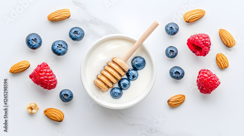 delicious breakfast bowl featuring Greek yogurt topped with fresh blueberries, raspberries, and almonds, drizzled with honey for nutritious start to day
