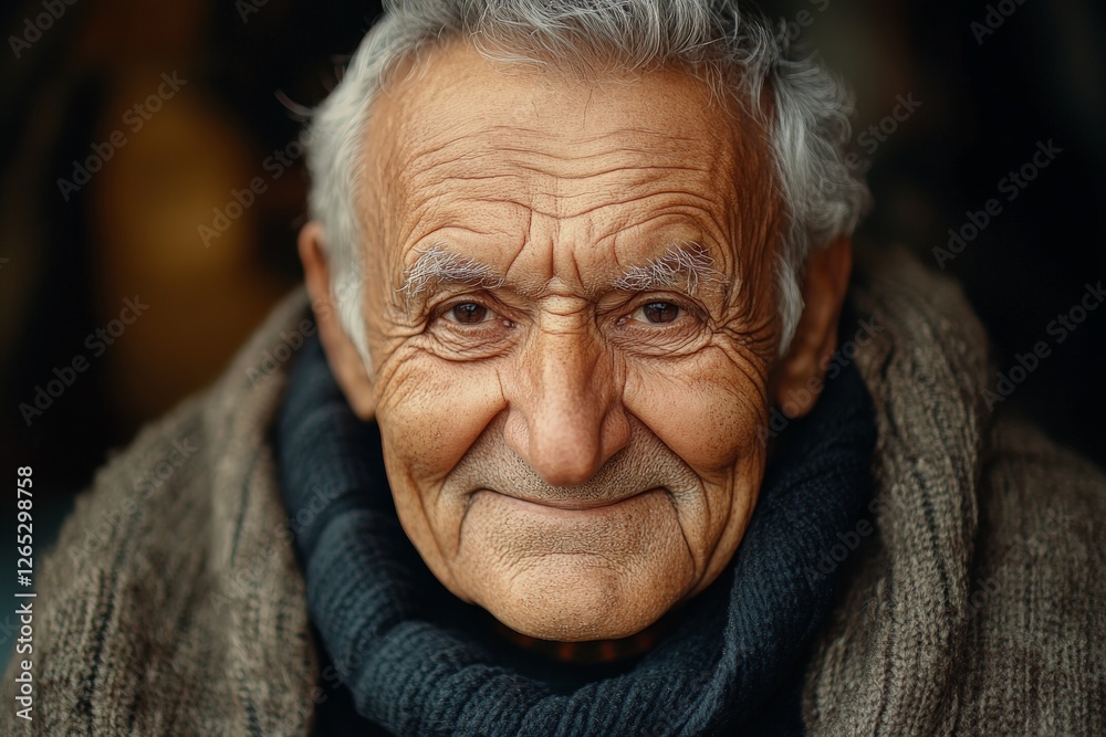 Warm smile of an elderly man wearing a cozy sweater in a quaint setting during golden hour Warm smile of an elderly man wearing a cozy sweater in a quaint setting during golden hour