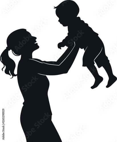 Minimalistic black silhouette of a loving mother holding her baby with care and affection in a warm, tender embrace, symbolizing unconditional love, connection, and the beauty of motherhood - vector i