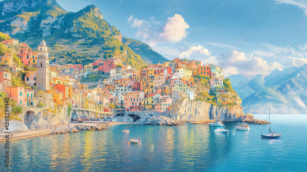 Fototapeta premium Mediterranean Harbor, Harbor original painting